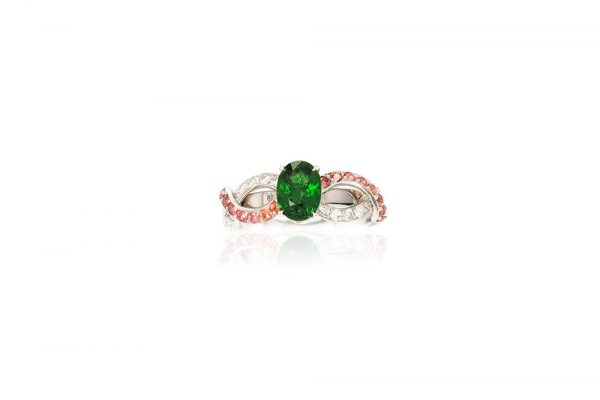 Solitaire Chlorophylle - Or blanc, Tsavorites, saphirs et diamants 1